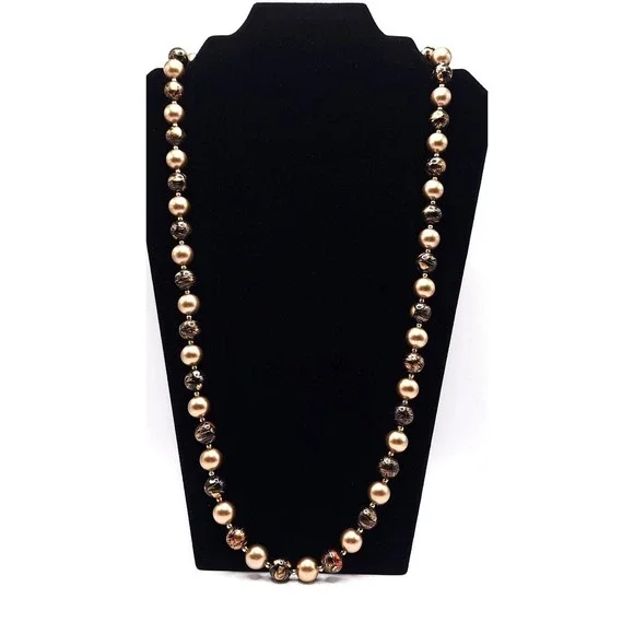 Gold Tone Black Marbled‎ Lucite Beaded Necklace Vintage 30 Inch Statement Gift