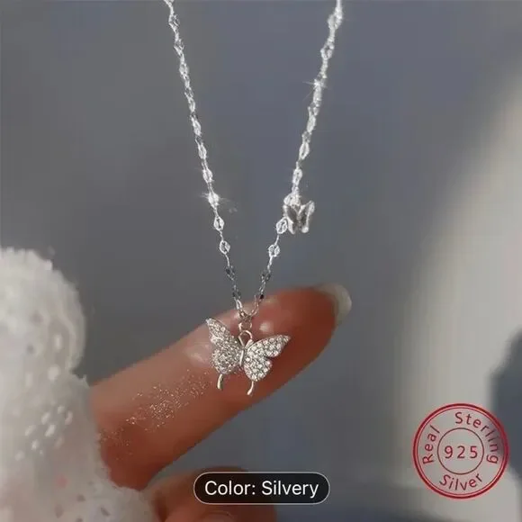 Necklace sterling silver butterfly with crystals new