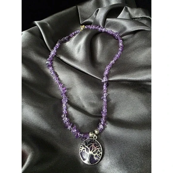 Amethyst Tree Of Life Silver Plated Pendant Healing Stone Necklace
