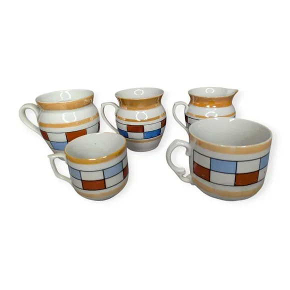 Vintage Czechoslovakia Geometric Ceramic Lusterware Cups & Small Pitcher 5 Piece