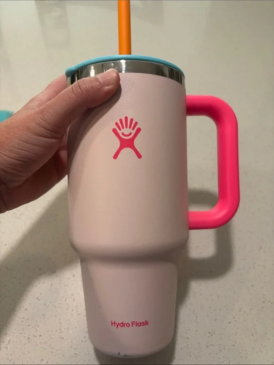 Hydro Flask Light Pink Tumbler with Hot Pink Handle and Orange Straw