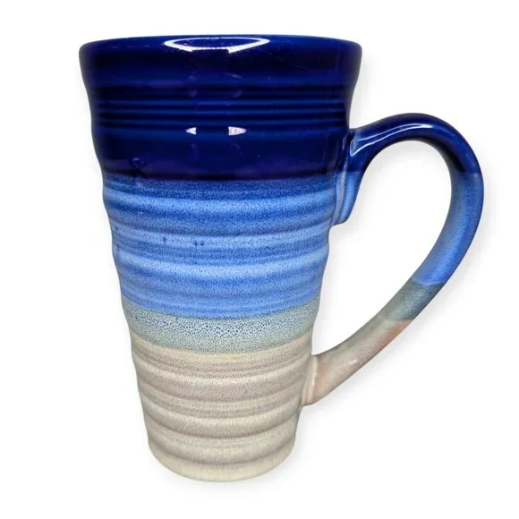 Tall Art Pottery Mug Blue/Brown/Ombre Stripe Large Handle 6