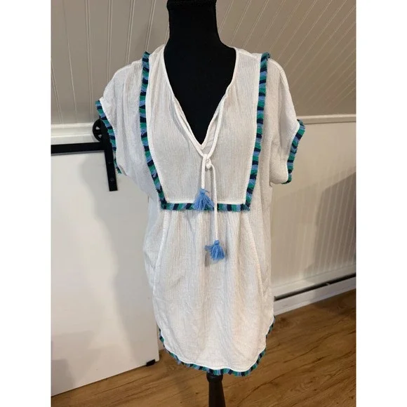 J. Crew Womens Small White Gauze Tassel Trim V-Neck Tunic Top Swim Coverup S
