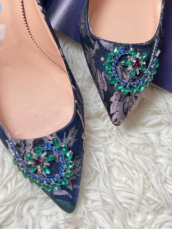 J. Crew Colette Jacquard Embellished Pumps Navy Floral Jacquard Pointed-T
