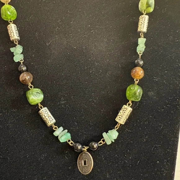 Artisan Boho Necklace with Chinese Qianlong‎ Coin Charm & Green Stone Beads