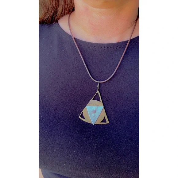 Artisan Mixed‎ Metal Geometric Triangle Pendant Necklace Brutalist Brass Silver