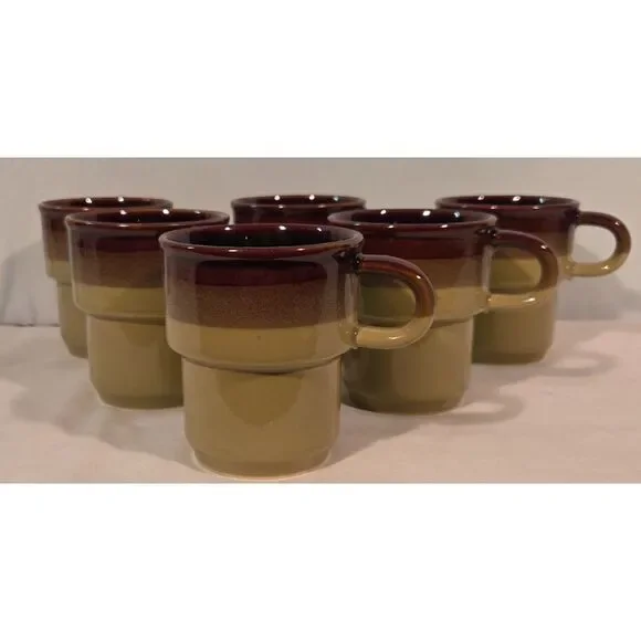 Vintage Studio Pottery Coffee Mugs Set of 6 Brown Drip Glaze
