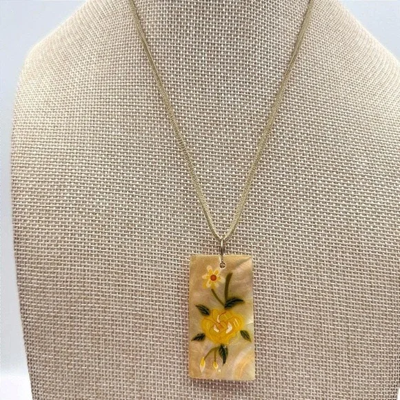 Vintage 90s Mother of Pearl Shell Hand Painted Yellow Rose Pendant Cord Necklace