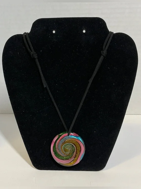 Spiral Dichroic Iridescent Multicolor Glass Pendant Necklace Adjustable Cord