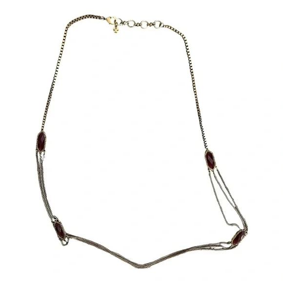 Lucky Brand Marcasite Red Crystal Station Layer‎ Necklace Gold Tone