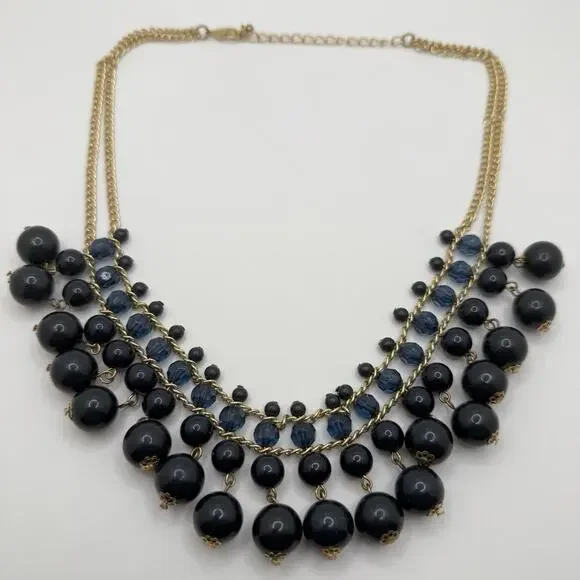 Dangle Beaded‎ Necklace Gold Tone Blue Gray Statement Double Strand Chain 19-22”