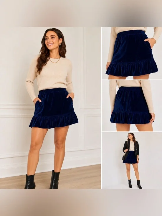 J.Crew Navy Velvet Ruffle Hem Mini Skirt XS Lined Pull-On