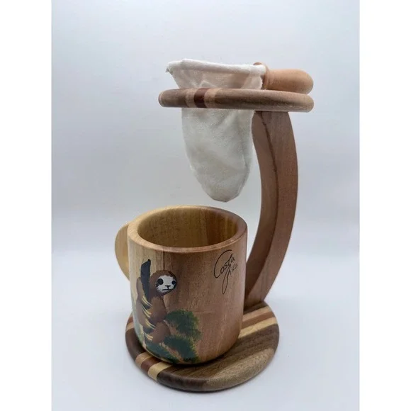 Costa Rica Handcrafted Wooden Sloth Coffee Maker Chorreador Stand and Mug Set