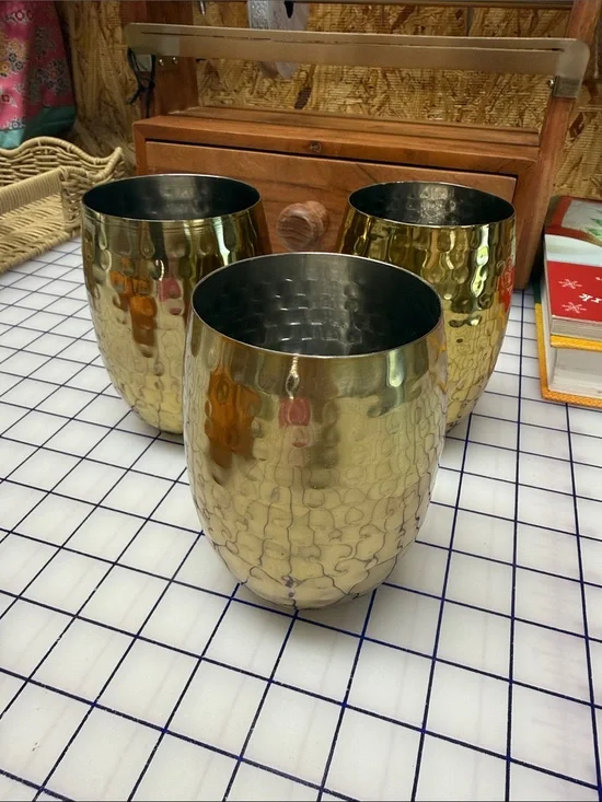 Set 3 Tumbler hammered brass gold stemless stainless steel drinkware pieces 18oz