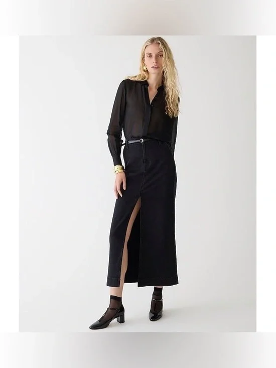 J.Crew Denim Maxi Skirt Size 30 Washed Black Front Slit High Rise