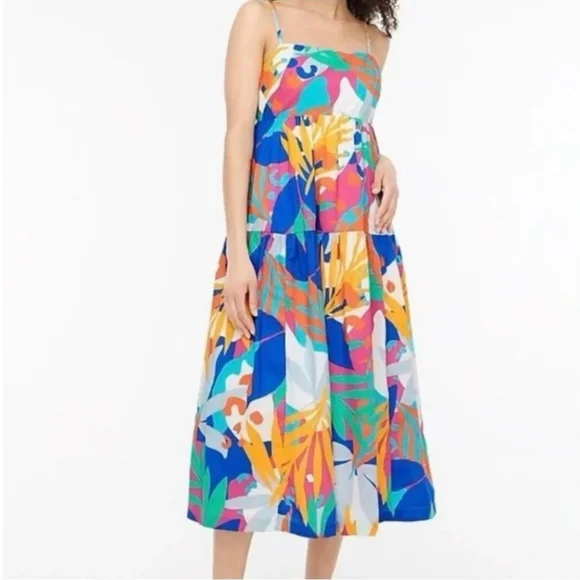 J. Crew Tie-Back Midi Dress Womens Size 2 Tropical Tiered Hem Boho‎ Peasant