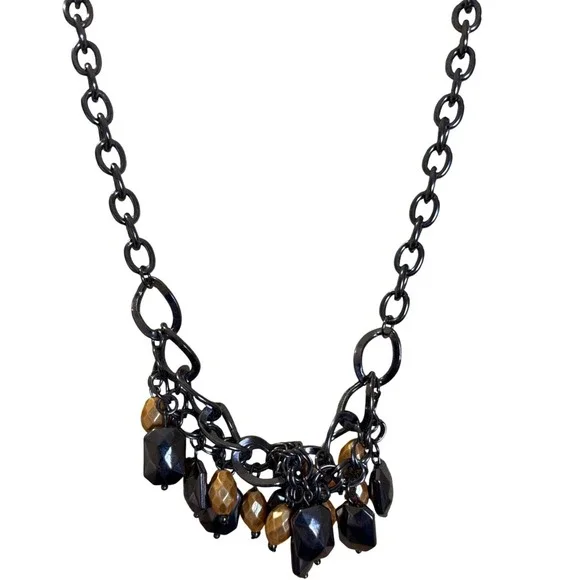 Gunmetal‎ Chunky Chain Bib Statement Necklace Black Gold Faceted Bead Cluster