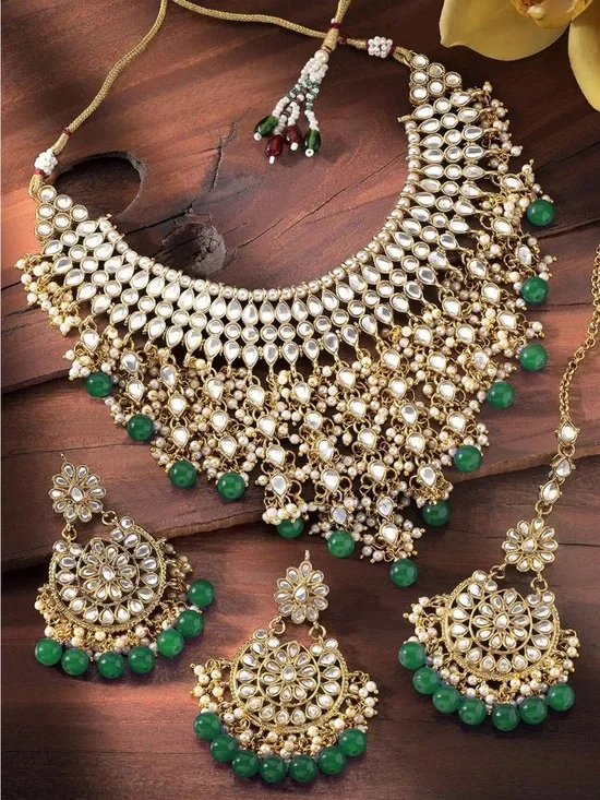 Gold Kundan Necklace and Earrings Set with Green Beads - Women Jewelry