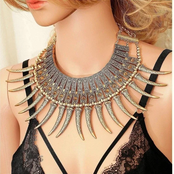 Tribal Statement Bib Necklace‎ Gold Tone Bold Geometric