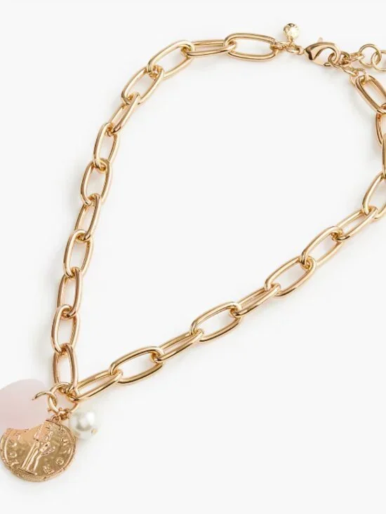 J.CREW Puffy Heart Pearl Coin Charms Gold Necklace, Retails $49.50 NWT!