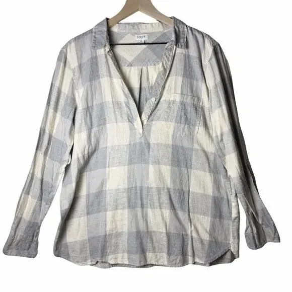 J. Crew Open V-Neck Gray Cream Plaid Flannel Popover Shirt Women’s Size XL