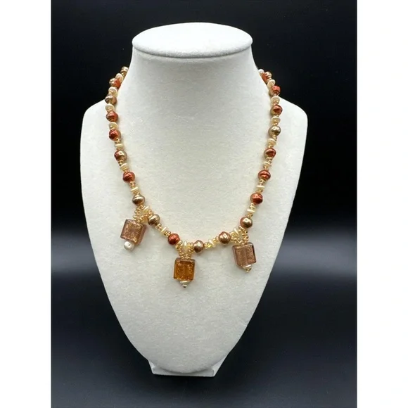 Copper‎ Color Faux Pearl Seed Bead Glitter Glass Dangle Necklace 16 Jewelry