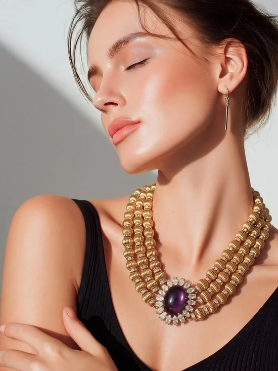 Catwalk Jon Elegant Gold Beaded Necklace with amethyst cabochon Centerpiece