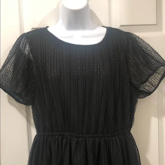 J. Crew Black Dotted Sheer-Sleeve Midi Dress