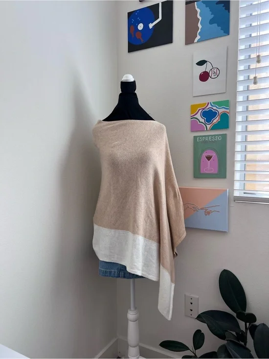 NWT J.Crew Colorblock Knit Poncho Wrap – Beige Ivory Cotton Cashmere Lightweight