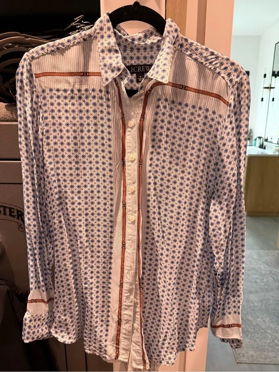 J. Crew White Button-Down Shirt with Blue Microprint and Brown Trim
