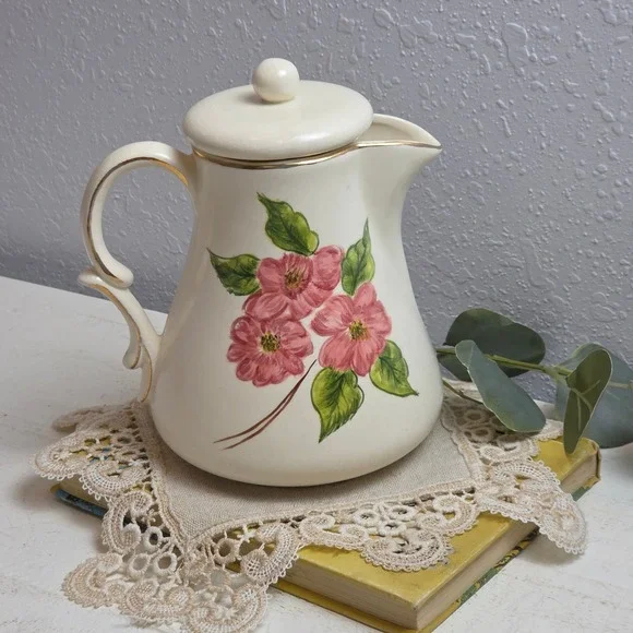 Vintage Hand Painted Floral Ceramic Teapot with Gold Trim Cream Pink‎ Flower Pot