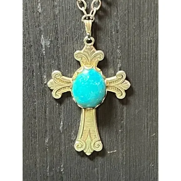 Long Cross Necklace Turquoise Color Stone Silver Tone‎ Chain Boho Faith 33”