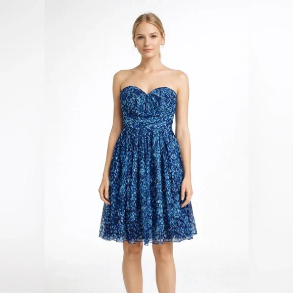 J Crew Marbella Watercolor Silk Chiffon Strapless Dress Blue Size 6 Lined