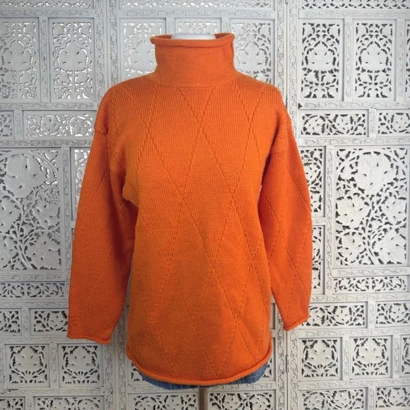 Vtg J Crew Roll Down‎ Mockneck Oarsman Sweater Sz S Orange Argyle Wool Chunky