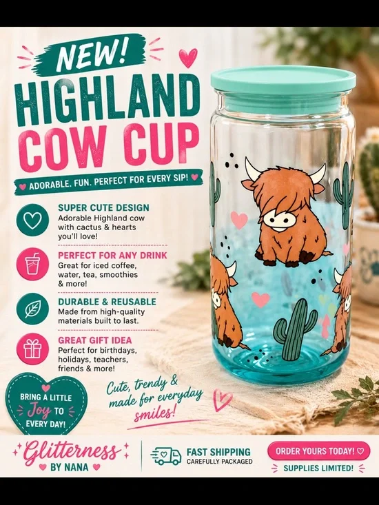 Highland Cow Cup - Aqua Lid & Teal Base