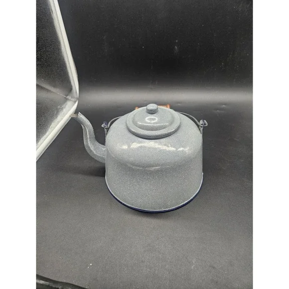Large Blue Spatterware Enamel Tea Kettle