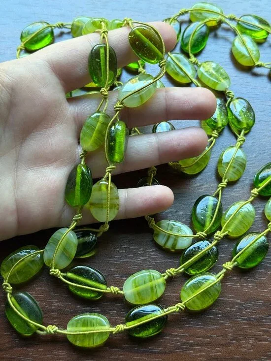 Vintage Green Glass Knotted Bead Necklace