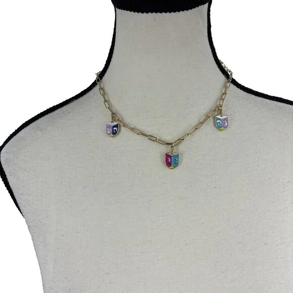 Sugarfix BaubleBar Hanukkah Dreidel Charm Necklace Gold Colorful New