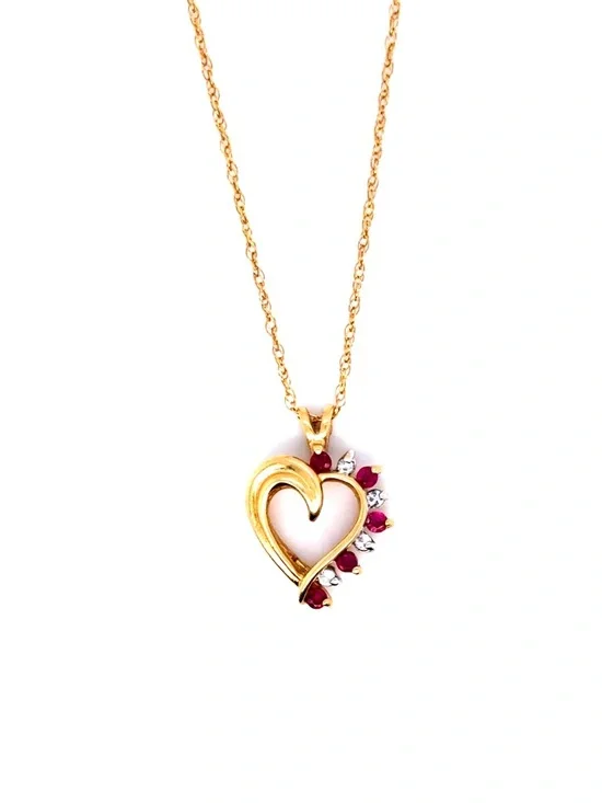 14K Gold‎ Diamond/Rubies Heart Pendant Necklace