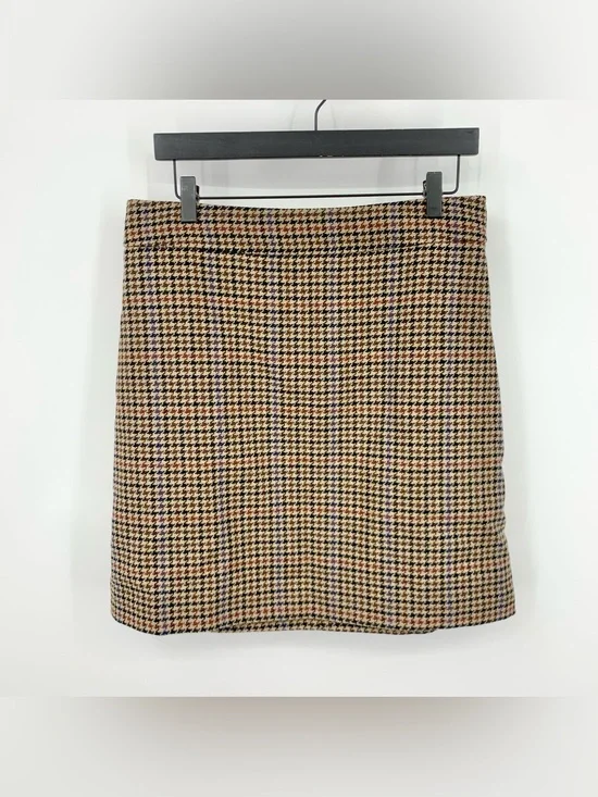 J Crew Women Size 12 Large Skirt Brown Black Houndstooth Mini Wool Blend Lined