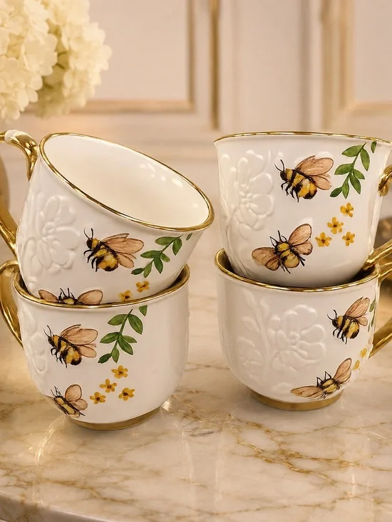 4 Elegant Bee Floral Porcelain Teacup Set — White and Gold