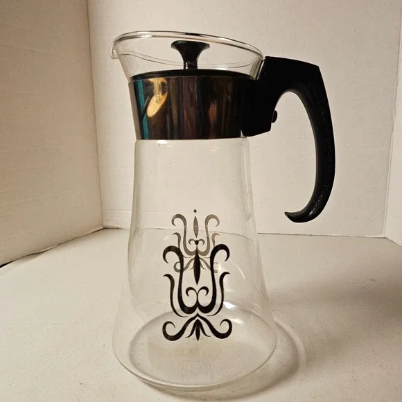Vintage Pyrex 8 Cup Glass Carafe Coffee Server Black Scroll Medallion MCM USA