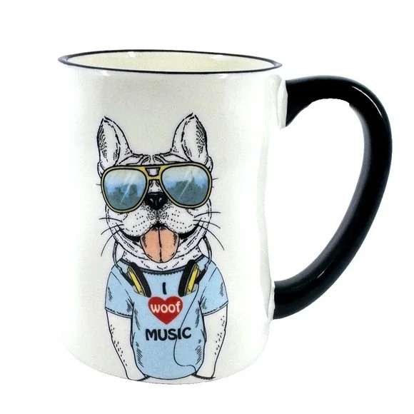 Signature Housewares French Bulldog‎ Mug I Woof Music Hipster Dog Stoneware