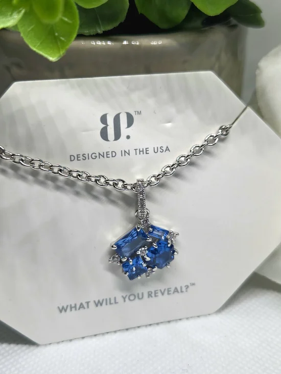 BP Aqua Blue Spinel Cluster Pendant Necklace On Rhodium Plating
