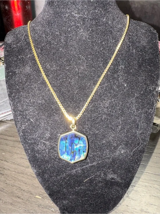 Kendra Scott Gold Chain Necklace with Blue Abalone Hexagon Pendant