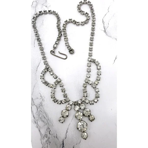 Colorless Glass Rhinestone Bib Necklace Silver Tone Hook Closure 16