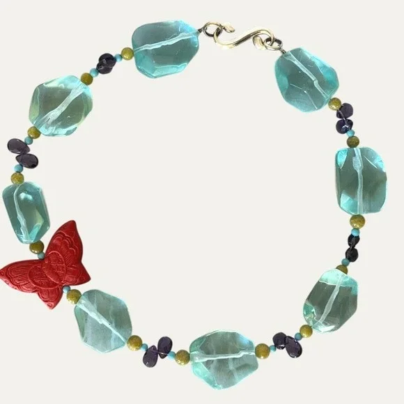 Vintage Aqua Lucite Bead Necklace Red Butterfly Statement Chunky Retro Boho