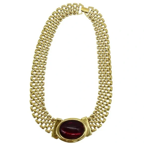 Vintage Napier Gold Tone Necklace with Ruby Red Cabochon
