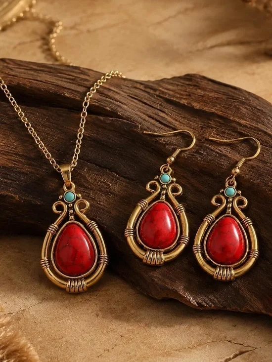 Anthropologie Gold-Tone Necklace and Earrings with Red and Turquoise Stones