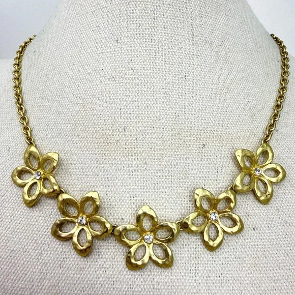 VCLM‎ Flower Necklace Crystal Accents Adjustable Chain Gold Tone 90s Vintage